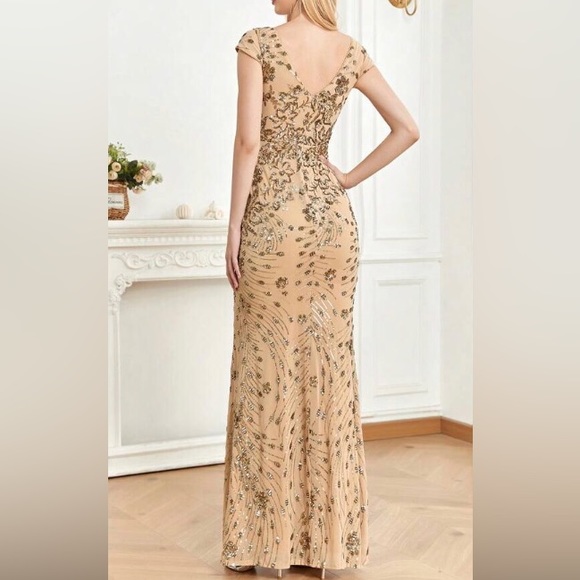 Luxe V neck sequin formal evening party dress - Picture 4 of 9